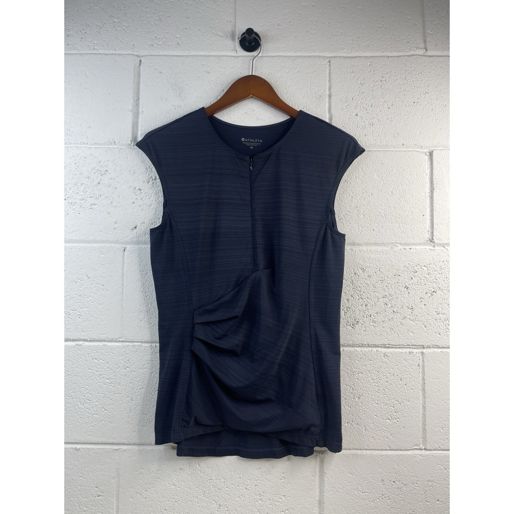 Athleta Pacifica Wrap Tank Top Womens Sz M Navy Ruched Sleeveless Rash Guard